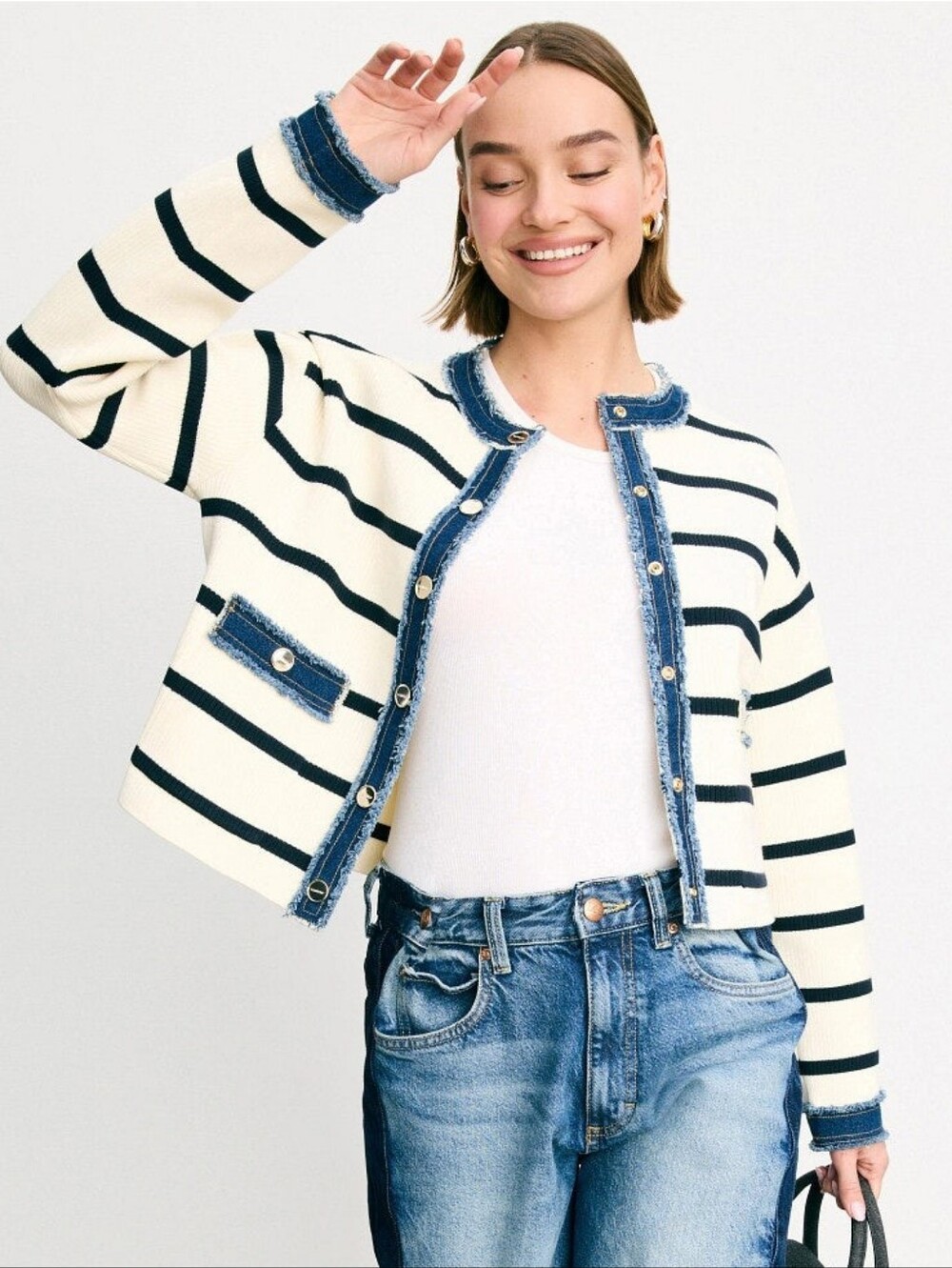 Sandro Stripey Cardigan With Denim Details Knit Crew Neck Long Sleeves Size 4